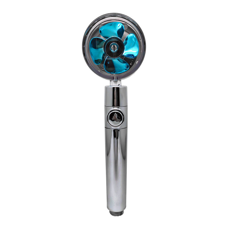 a silver fan with blue blades
