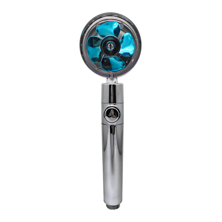 a silver fan with blue blades