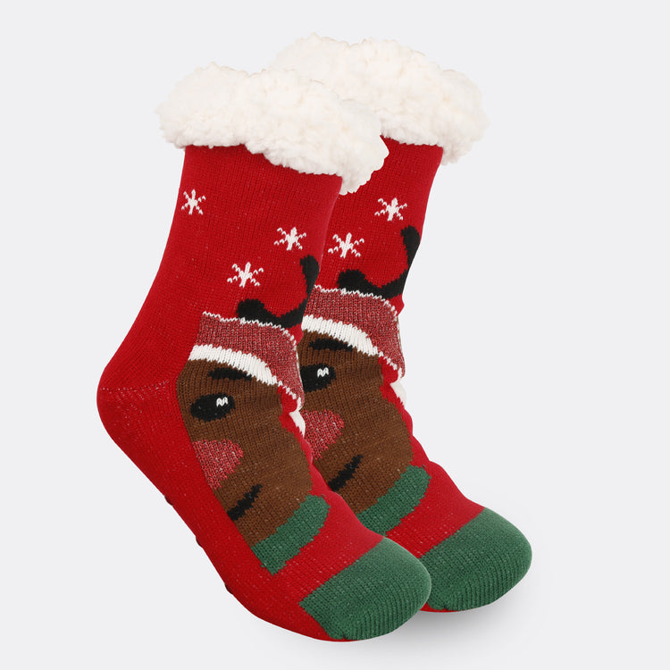 a pair of red and green socks with a face on them