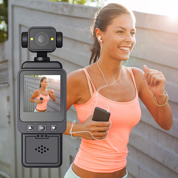 a woman running with a camera