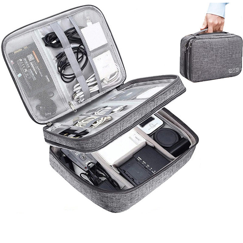 a grey bag with electronics in it