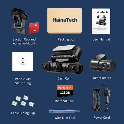 Hainatech 360 Degree View 4 Channel Dash Cam Front And Rear Inside Left Right, Dash Camera For Cars, Built-in GPS WiFi Night Vision, 24  7 Recording Parking Mode Monitor, Free 128G Card