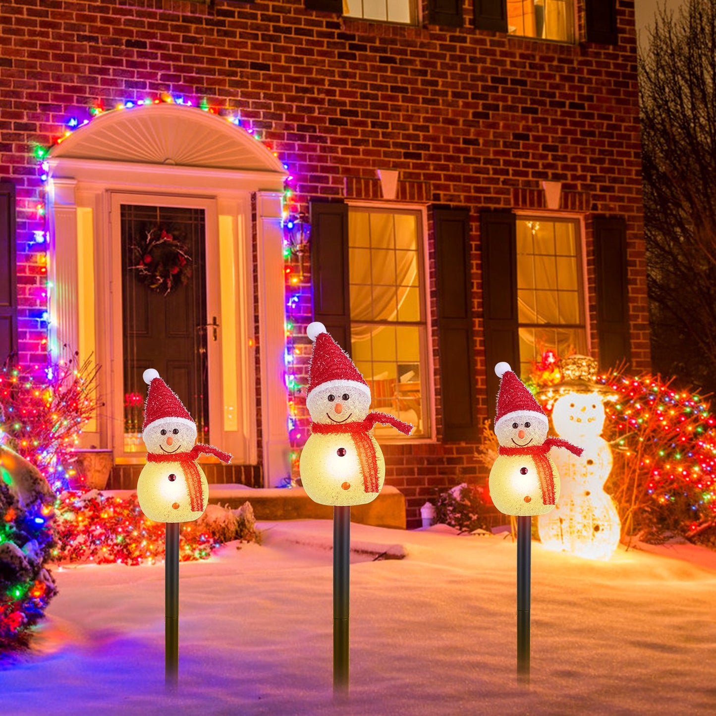 1Pc Solar Powered Lamp 3 Snowmen Outdoor Decorative Christmas Lamp Garden Stake Light IP55 Waterproof Santa Landscape Light Warm White LED Lighting Pathway Yard Patio