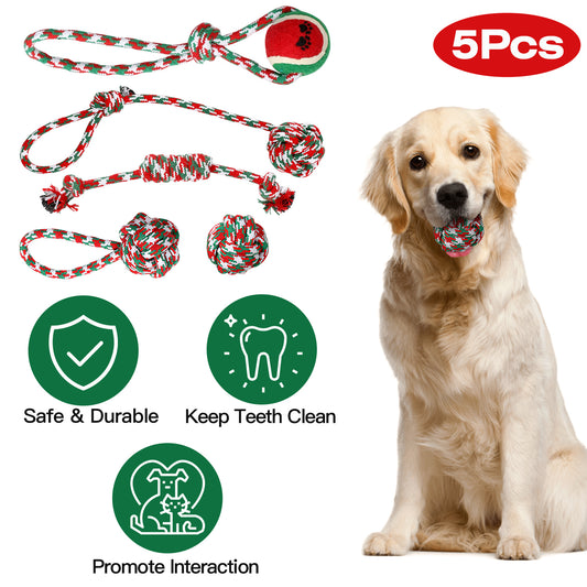 Set Of 5Pcs Christmas Dog Rope Chew Toys Dog Interactive Toys Set For Puppy Small Medium Aggressive Chewers Dogs Training Teething Playing