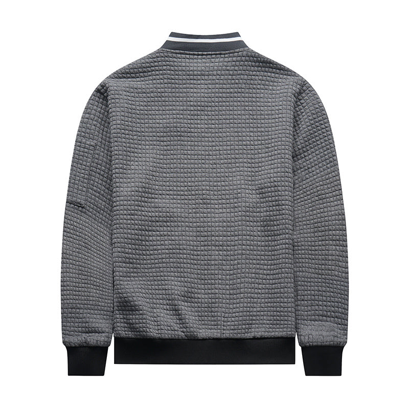 a gray jacket with a white stripe