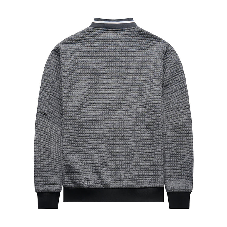 a gray jacket with a white stripe
