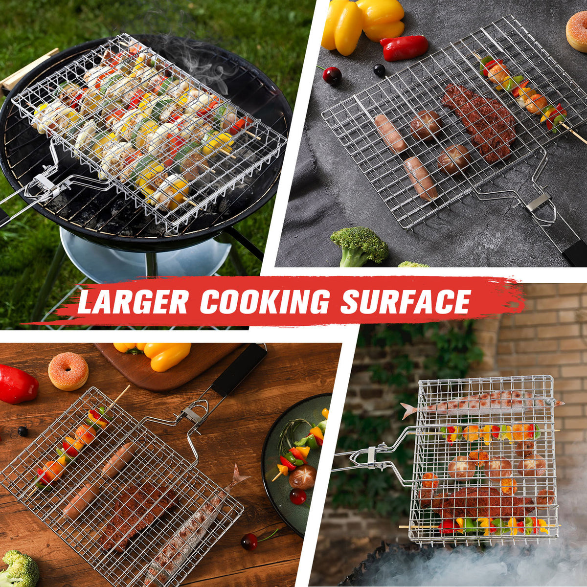 a collage of food on a grill