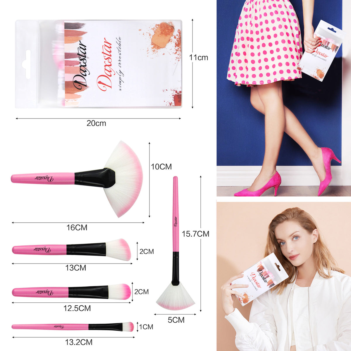 a collage of a woman with pink shoes and makeup brushes