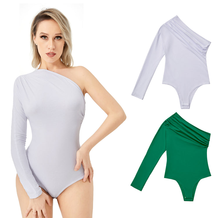 a woman in a white one-shoulder bodysuit