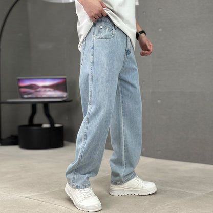 Fashion Pockets Jeans Men's Wide-leg Straight Trousers Versatile Casual Long Pants Streetwear Clothing