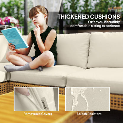 7 Piece Wicker Patio Furniture Set, Modular Outdoor Sectional With Thickened Cushions, Acacia Wood Table, Khaki Beige