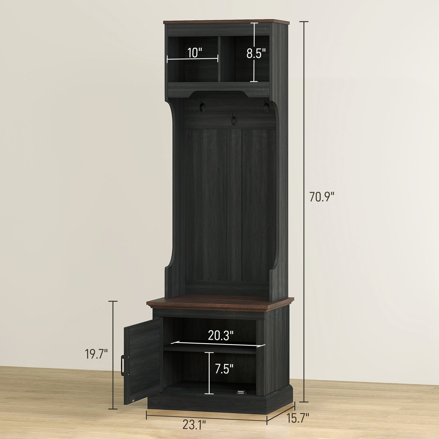 3-in-1 Hall Tree With Shoe Storage, Coat Rack With Bench, Entryway Furniture With Five Hooks, Black Wood Grain
