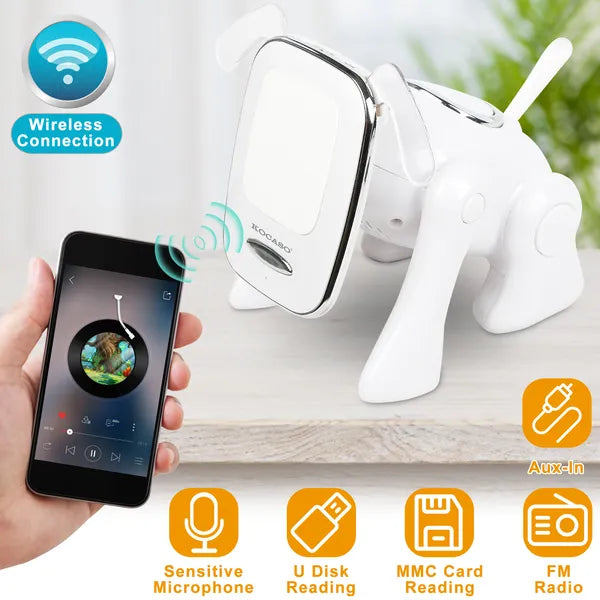 a hand holding a phone and a white toy dog