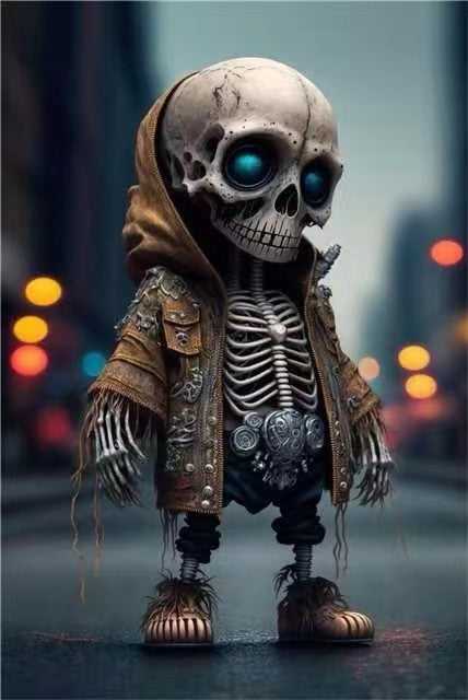 a skeleton wearing a jacket and a hoodie