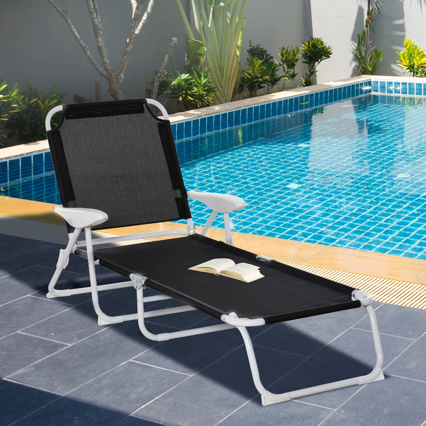 Folding Lounge Chair Outdoor 5-Level Reclining Chaise Lounge Chair Outdoor Camping Tanning Chair with Frame