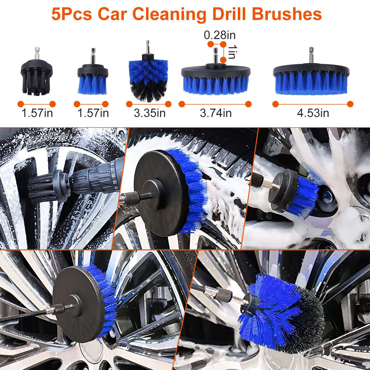 a collage of a car cleaning drill brushes