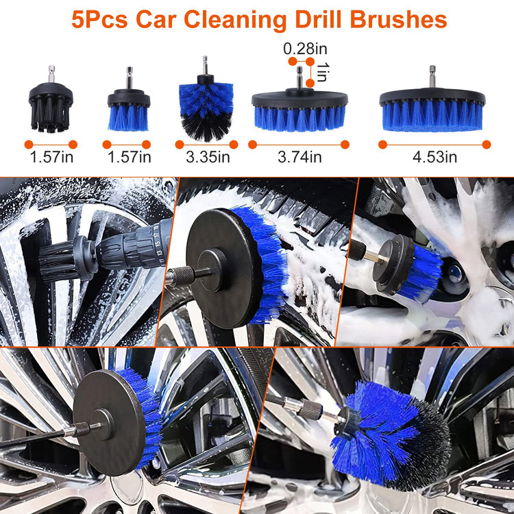 a collage of a car cleaning drill brushes