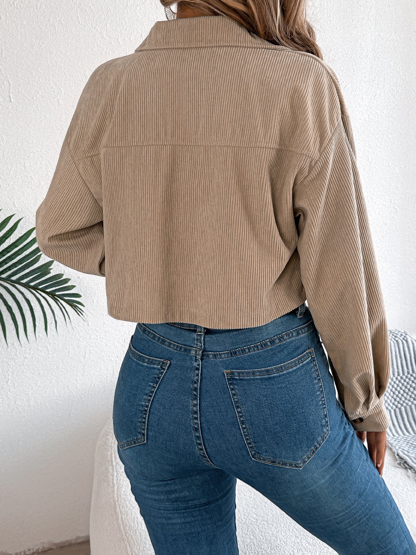 Casual Pocket Long Sleeve Corduroy Short Jacket Coat