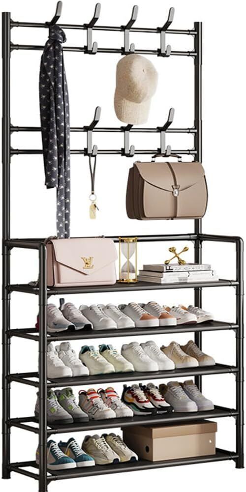 a shoe rack with shoes and bags