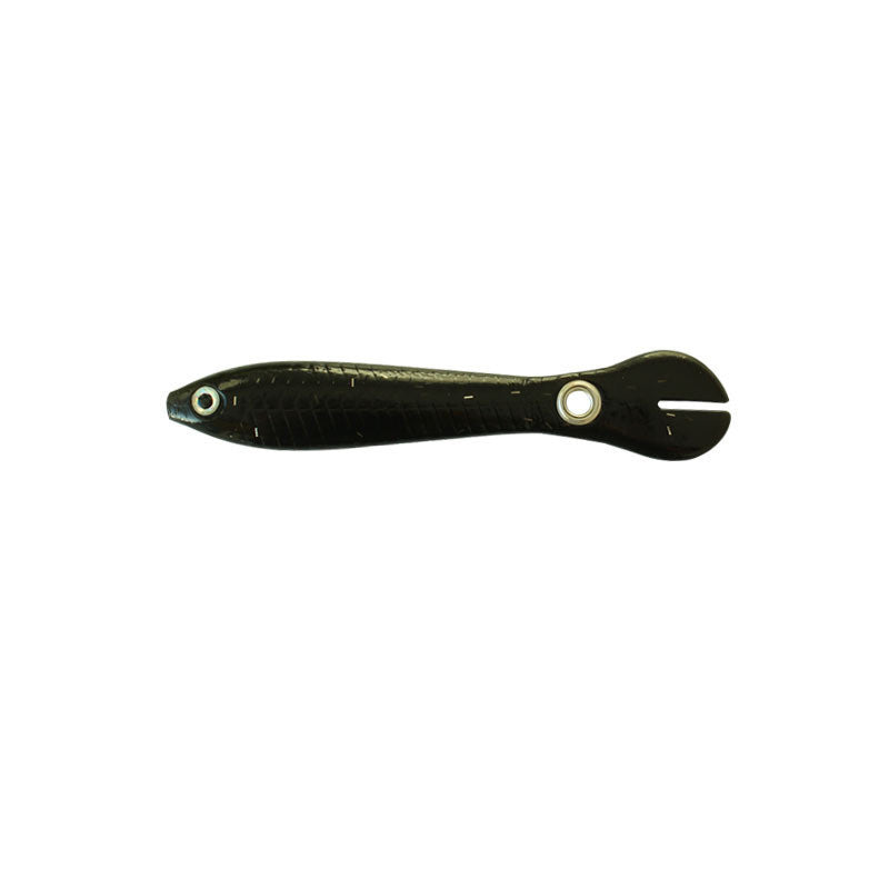 a black fishing lure with a white background