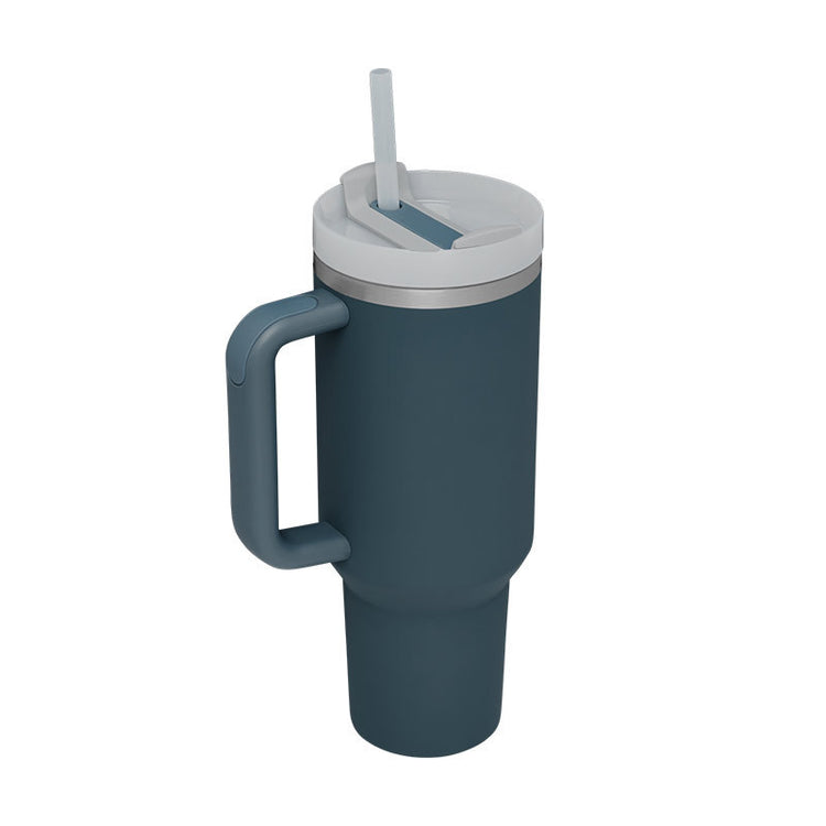 a blue and grey tumbler with a straw
