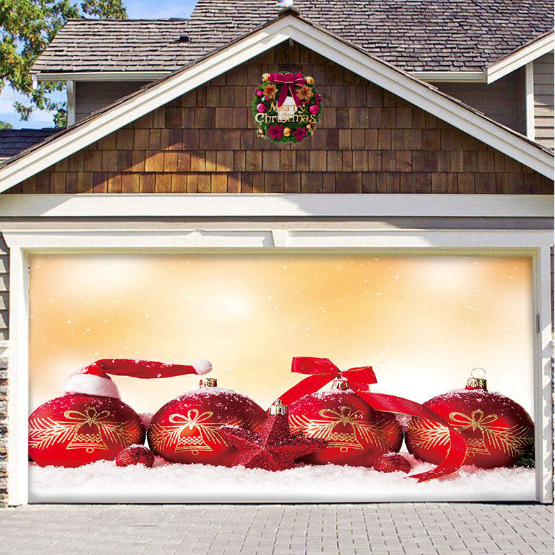 a garage door with a picture of ornaments