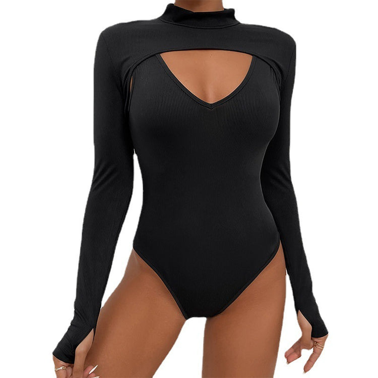 a woman wearing a black leotard