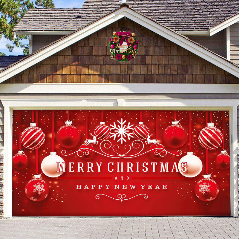 a garage door with a red and white christmas decoration