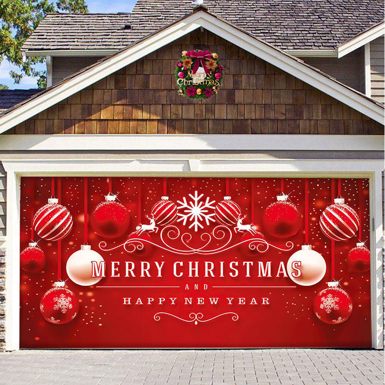 a garage door with a red and white christmas decoration