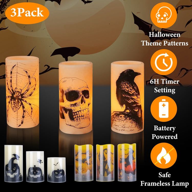 a group of candles with images of skulls and spiders