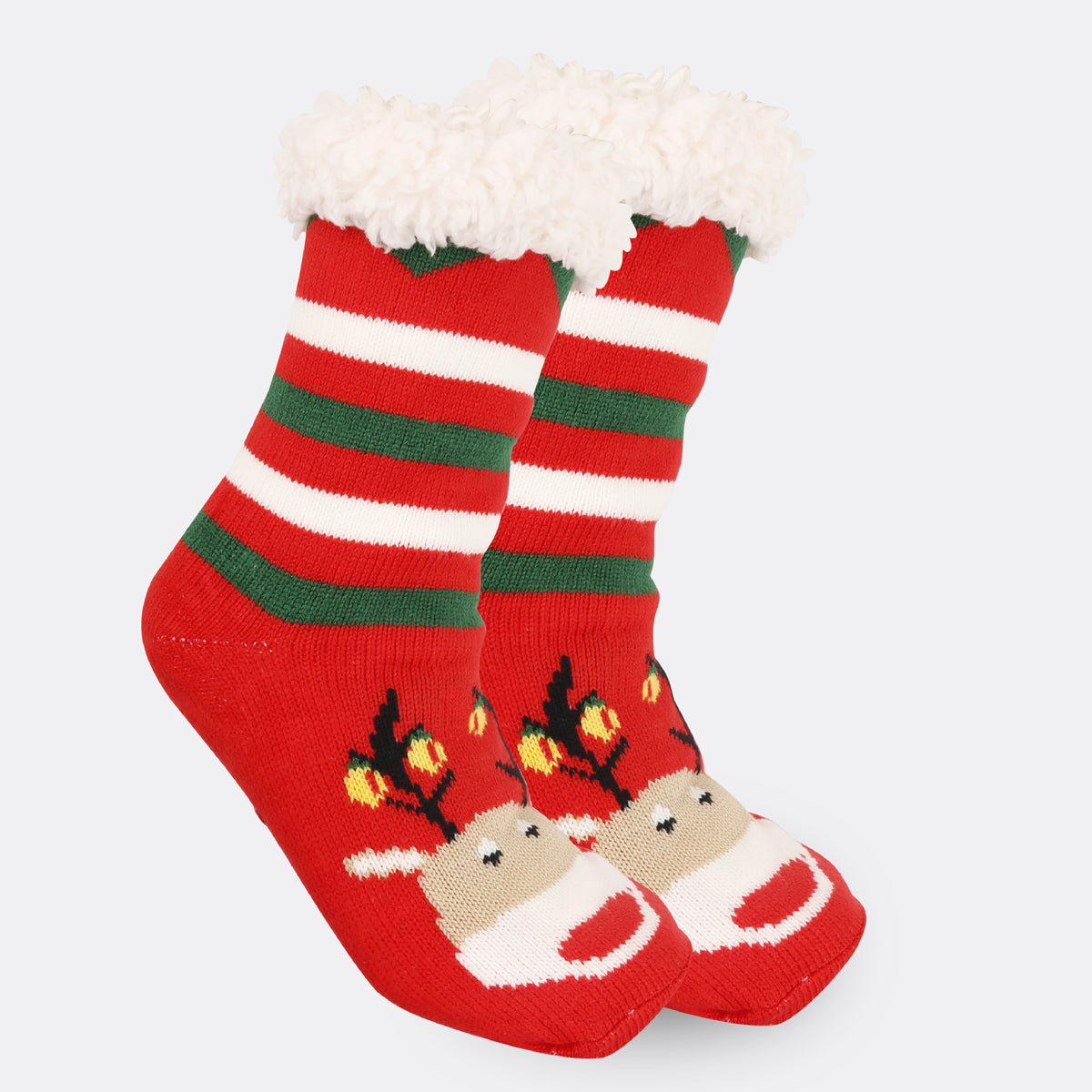 a pair of red and white striped socks with reindeer designs