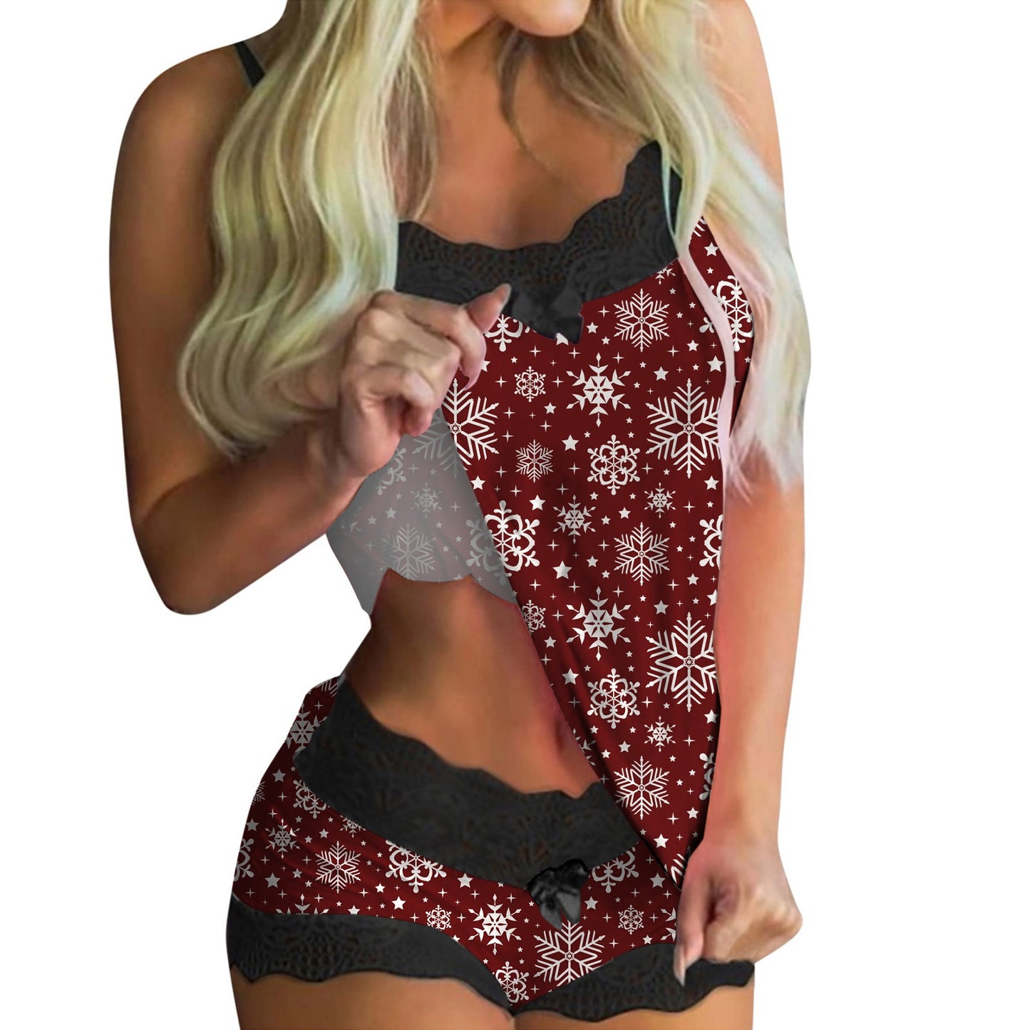 European And American Lace Sexy Sweet Print Suspender Two-piece Pajamas