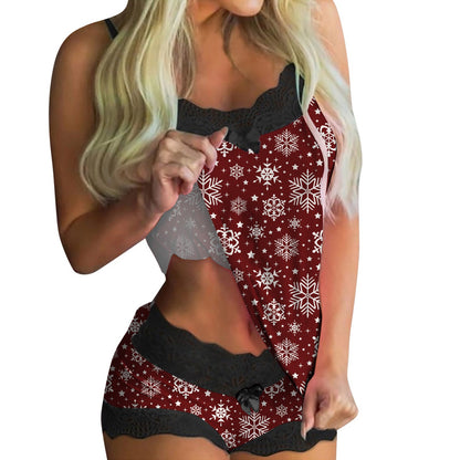 European And American Lace Sexy Sweet Print Suspender Two-piece Pajamas