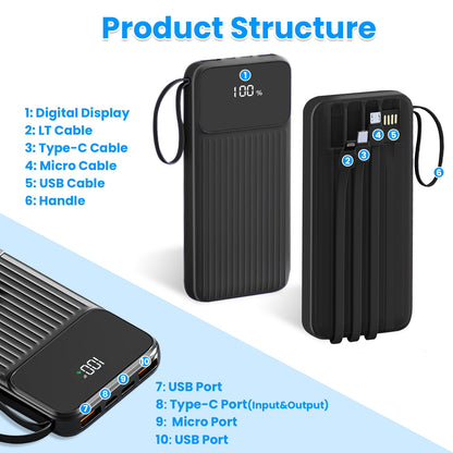 1Pc PD22W Fast Charger 20000mAh Fast Charging Power Bank Portable Charger With 4 Inbuilt Cables Digital Display Handle Fit For IOSPhone 15 14 Android And More