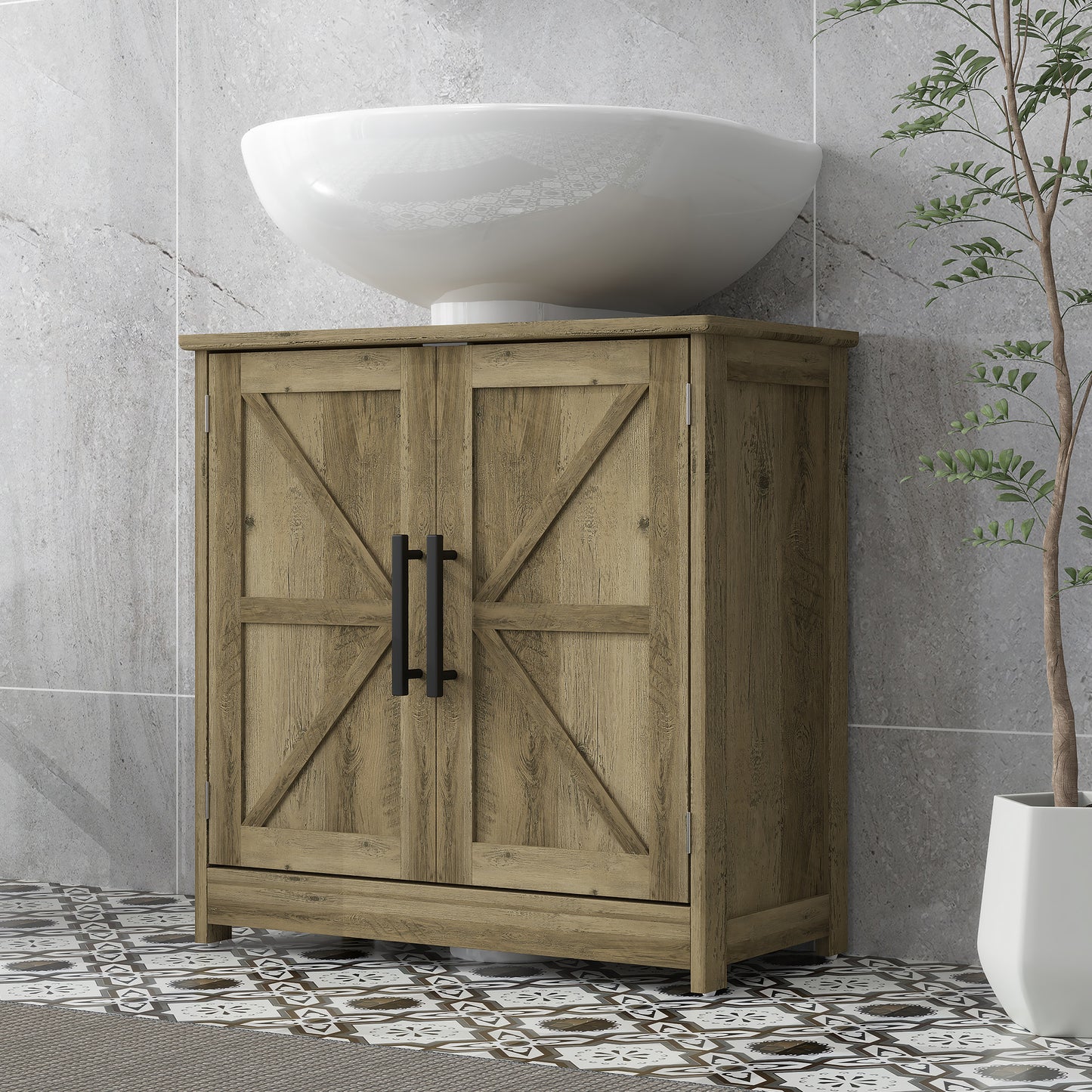 Farmhouse Pedestal Sink Storage Cabinet, Bathroom Sink Cabinet with 2 Barn Doors and Adjustable Shelf, Light Gray