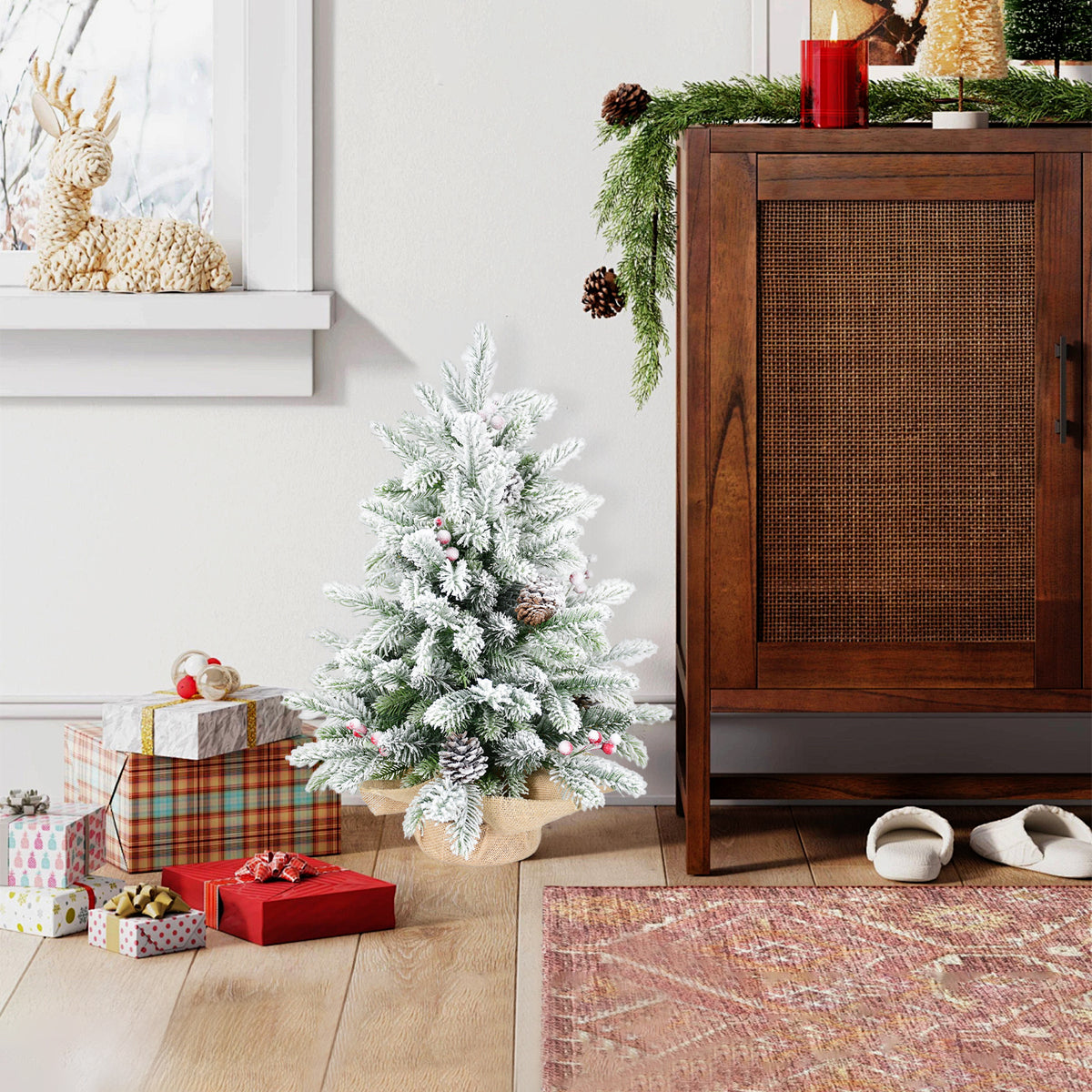 a christmas tree and presents in a room