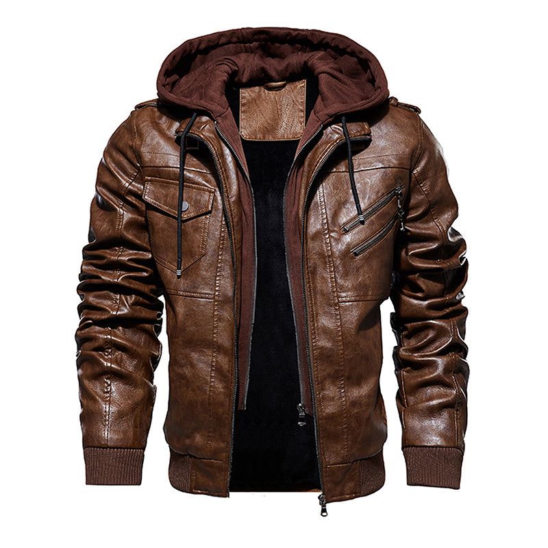 a brown leather jacket with a hood