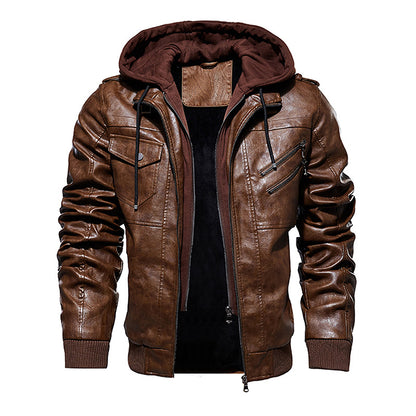 Men Hooded Leather Jacket Thick Motorcycle Windproof Male Casual Winter PU Jacket