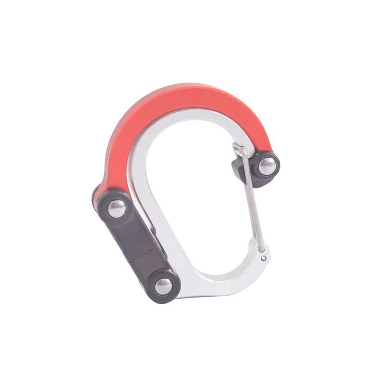 a red and silver carabiner