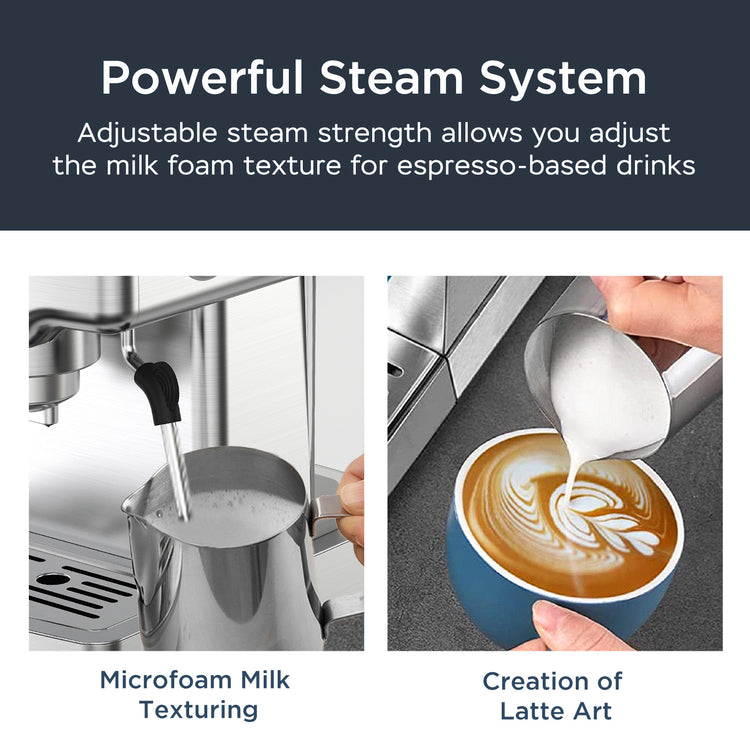 a collage of a coffee machine and a cup of milk