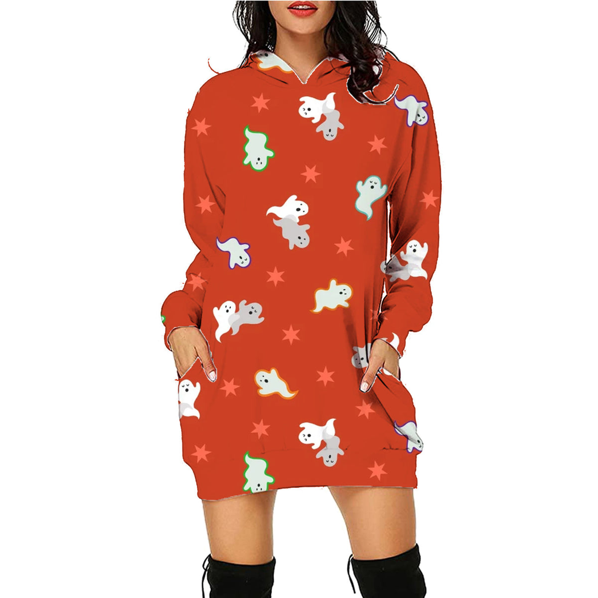 a woman wearing a red hoodie with white ghosts and stars