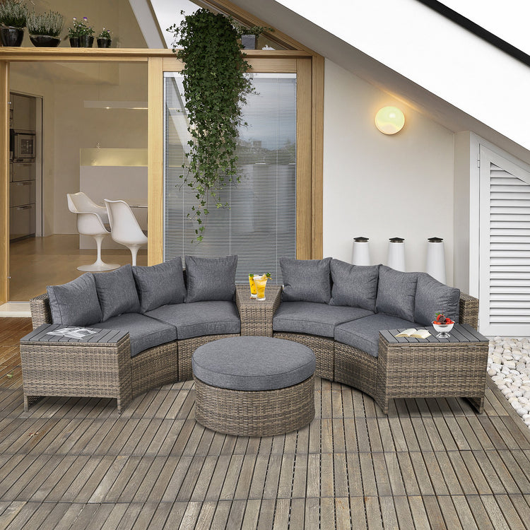 a couch and table on a deck