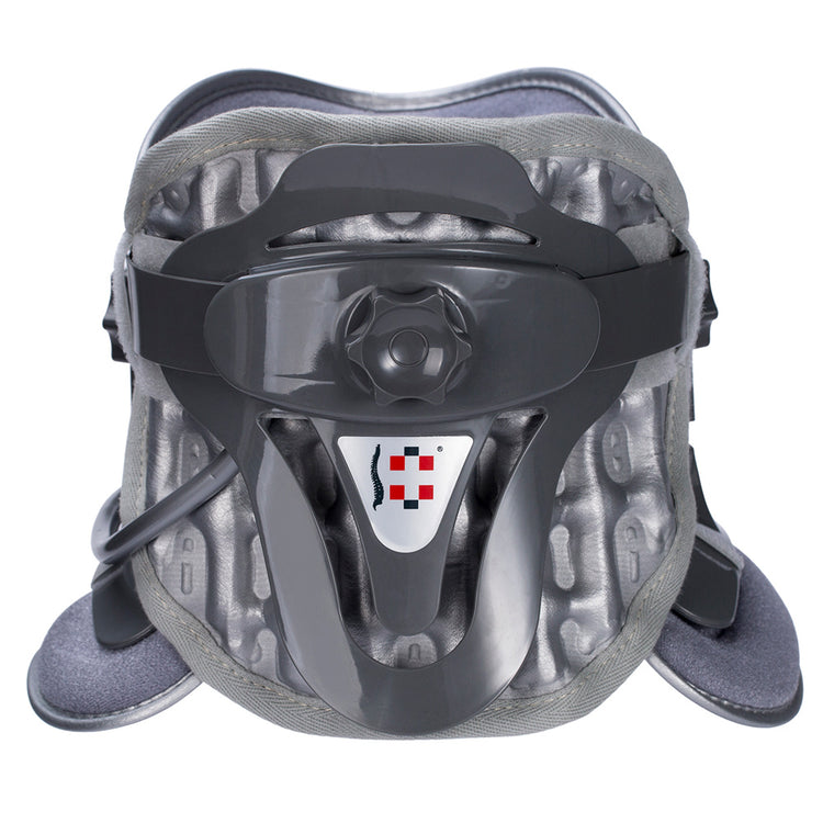 a grey and black head gear