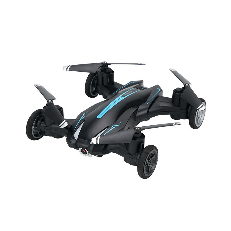 a black drone with blue stripes