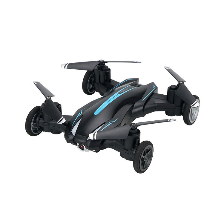 a black drone with blue stripes