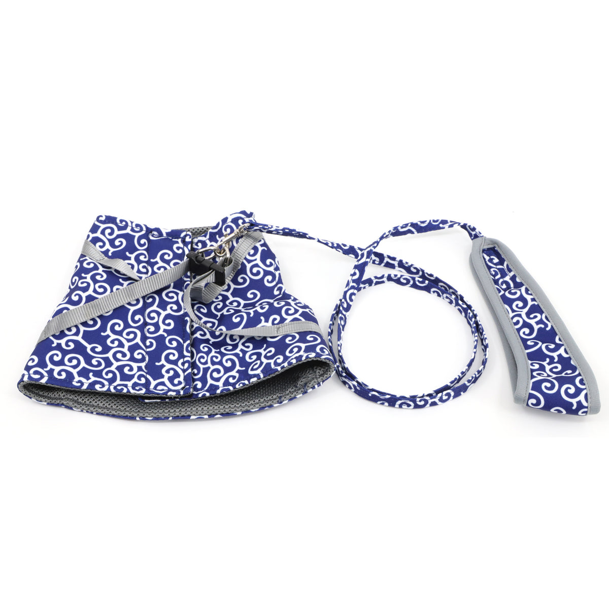 a blue and white bag with a strap