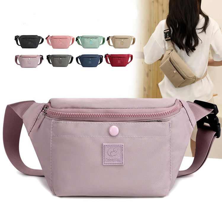 a woman standing in front of a waist bag