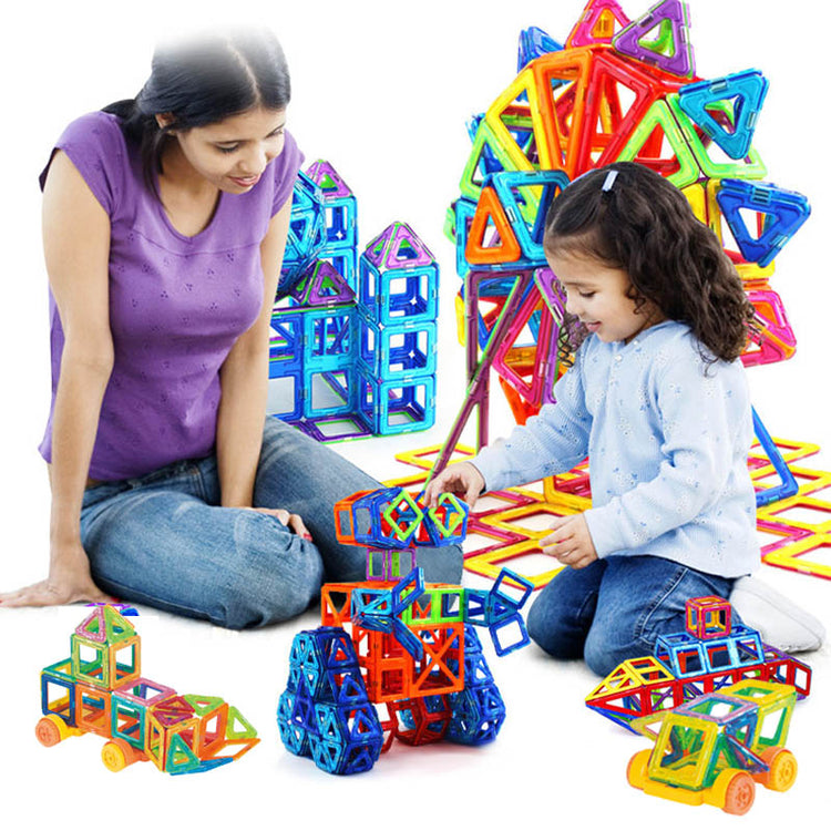 a woman and a child playing with colorful plastic blocks