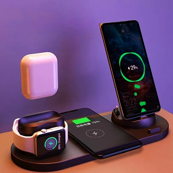 a smart watch and phone on a charging station