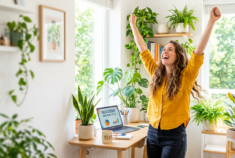 a woman standing in front of a laptop and smiling